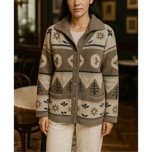 Vintage Bauhinia Angora Lambswool Cowichan Cardigan Sweater Taupe Cream Neutral